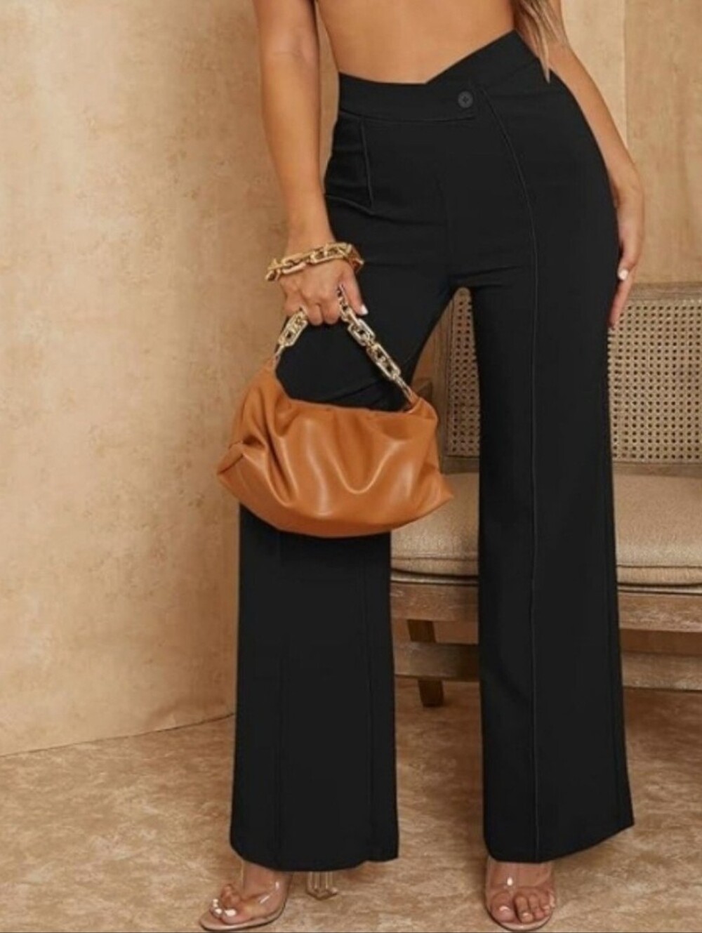 New-SweatyRocks Women's Overlap High Waist Seam Front Palazzo Wide Leg Pants